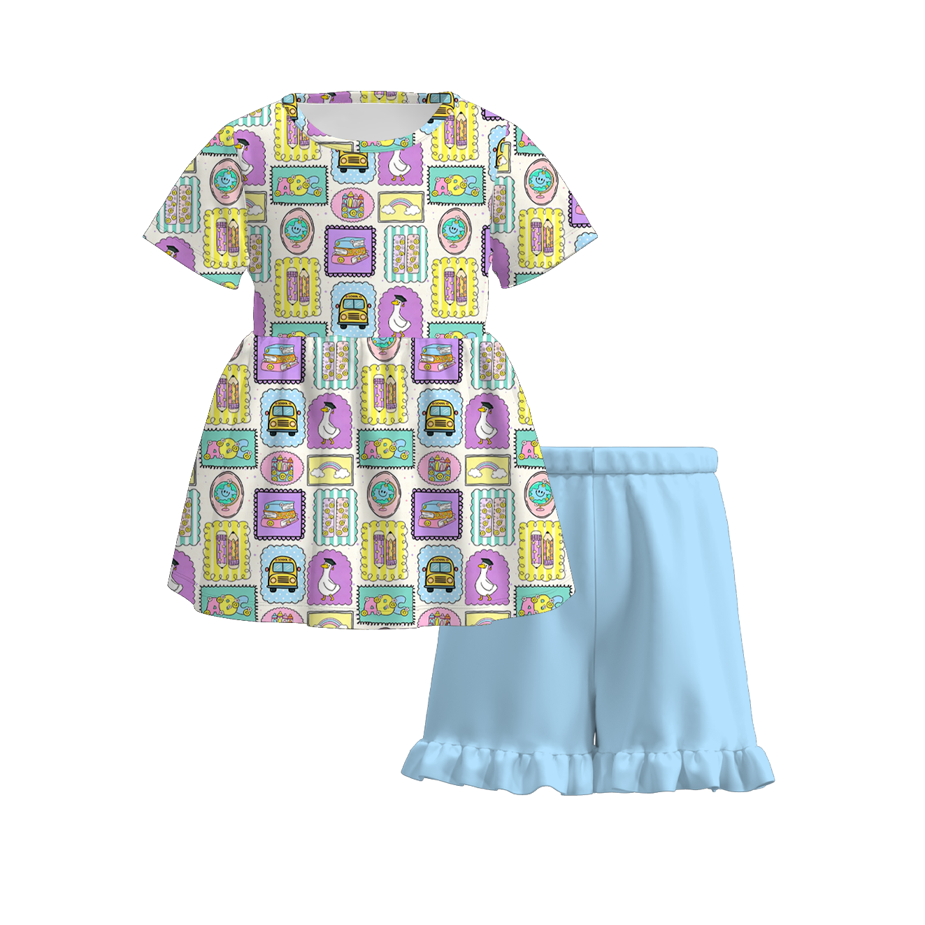 (Pre Order+Prepack Zone)Girls Summer Back To School Print Shorts Set