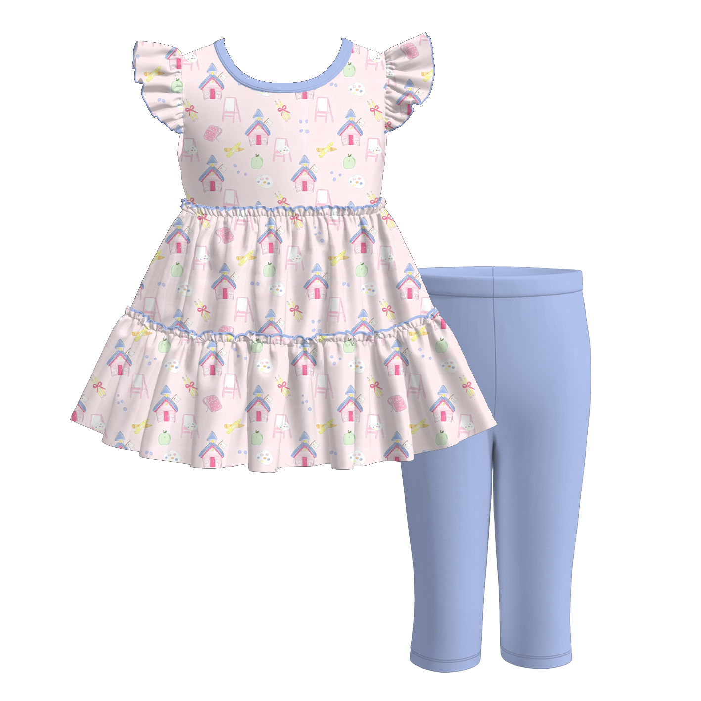 (Pre Order+Prepack Zone)Girls Summer Back To School Print Capris Set
