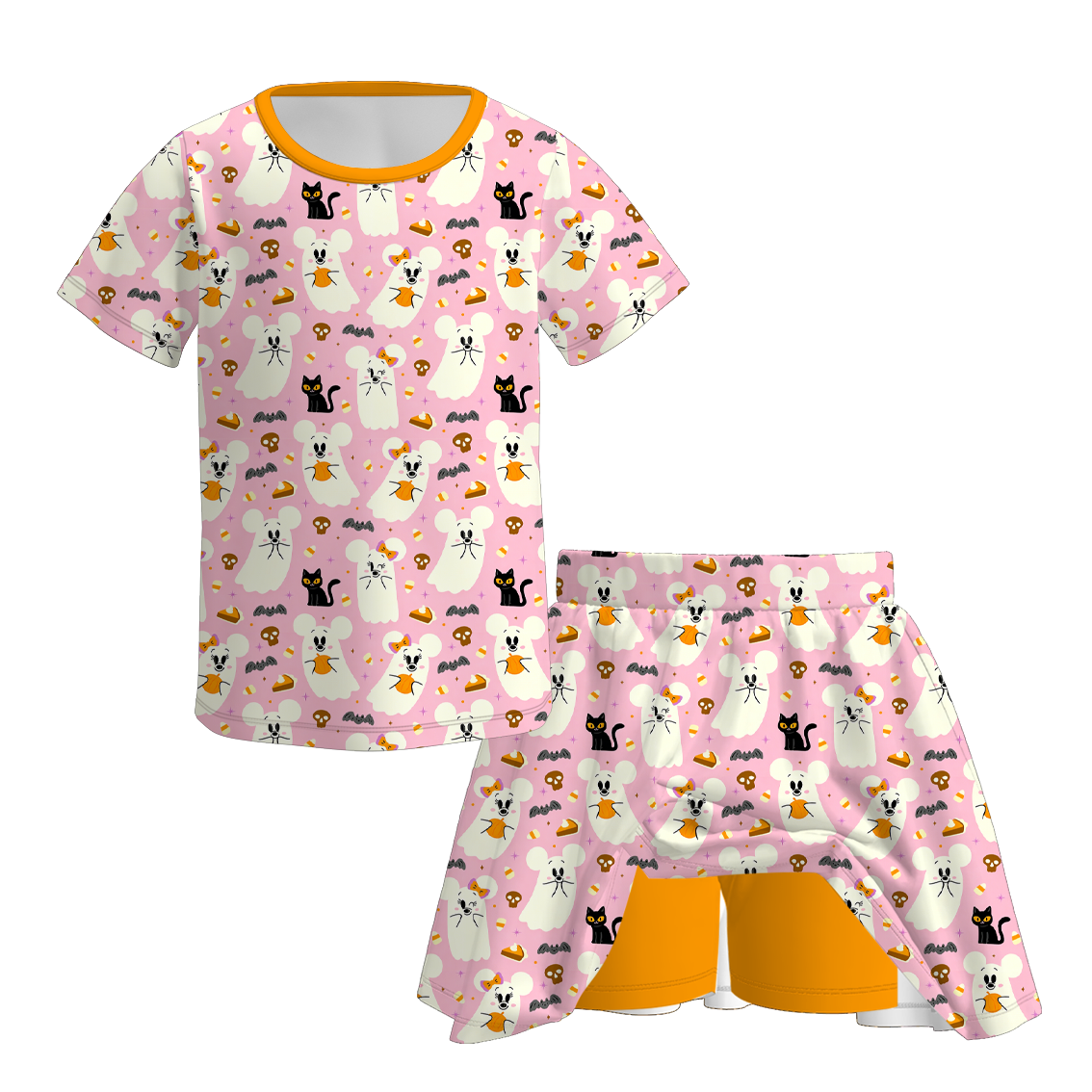 (Pre Order+Prepack Zone)Girls Halloween Pumpkin&Ghost Print Skort Set(Mix Size)