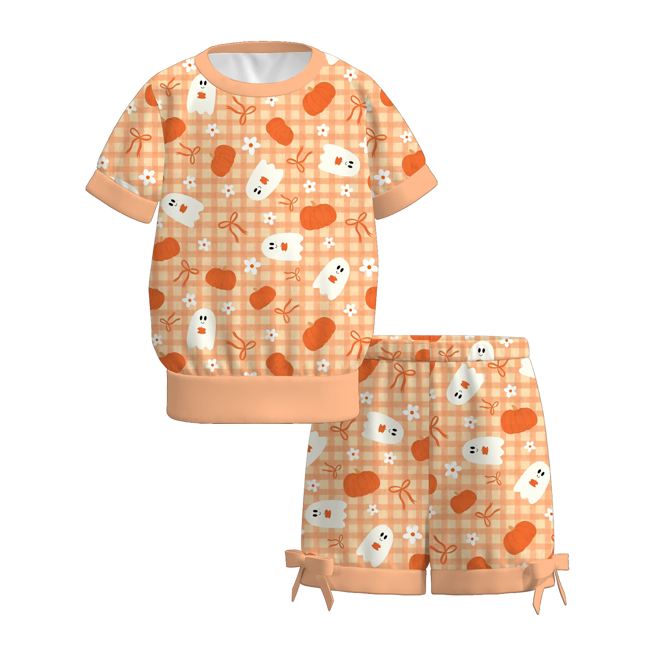 (Pre Order+Prepack Zone)Girls Halloween Pumpkin Print Shorts Set(Mix Size)