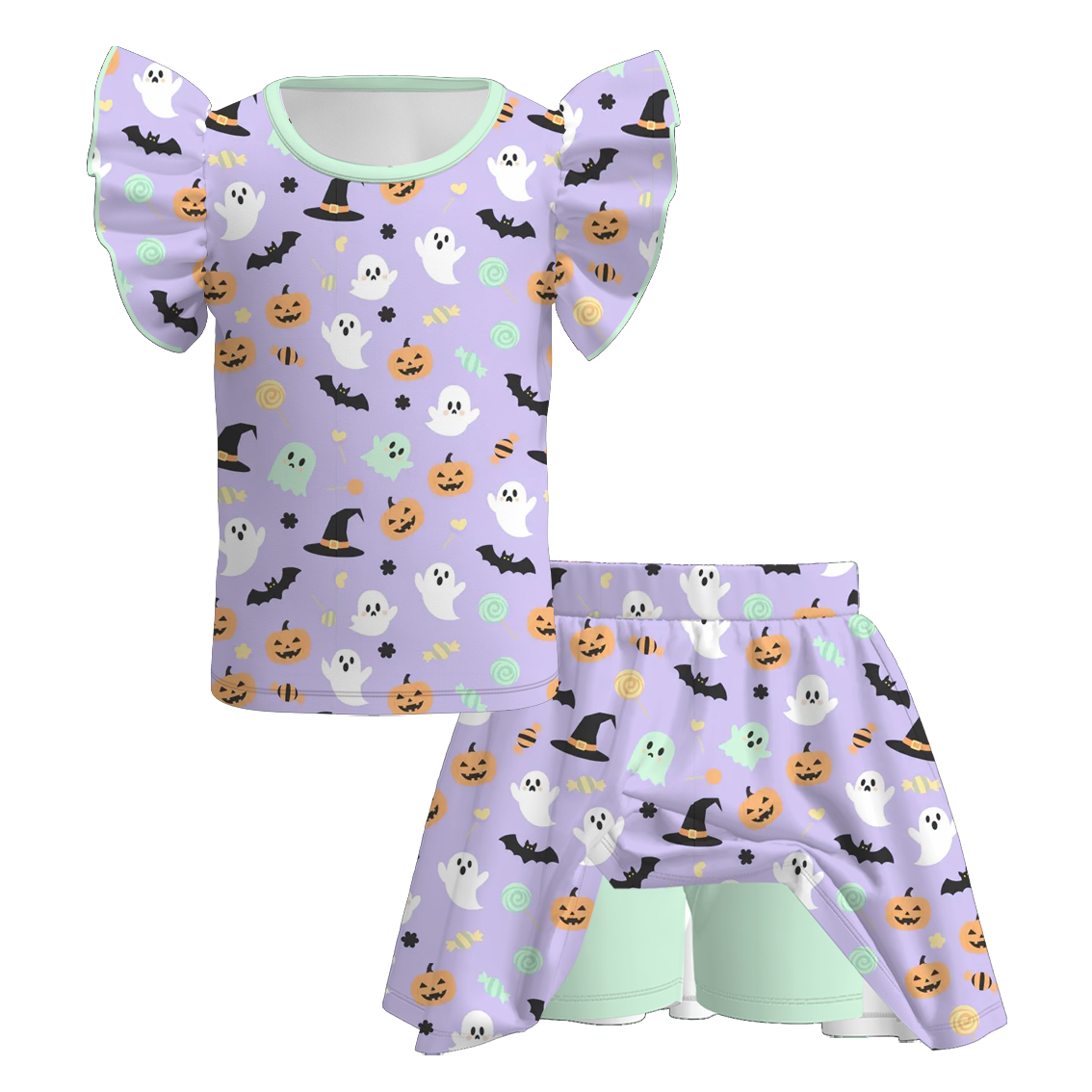 (Pre Order+Prepack Zone)Girls Halloween Pumpkin&Ghost Print Skort Set(Mix Size)
