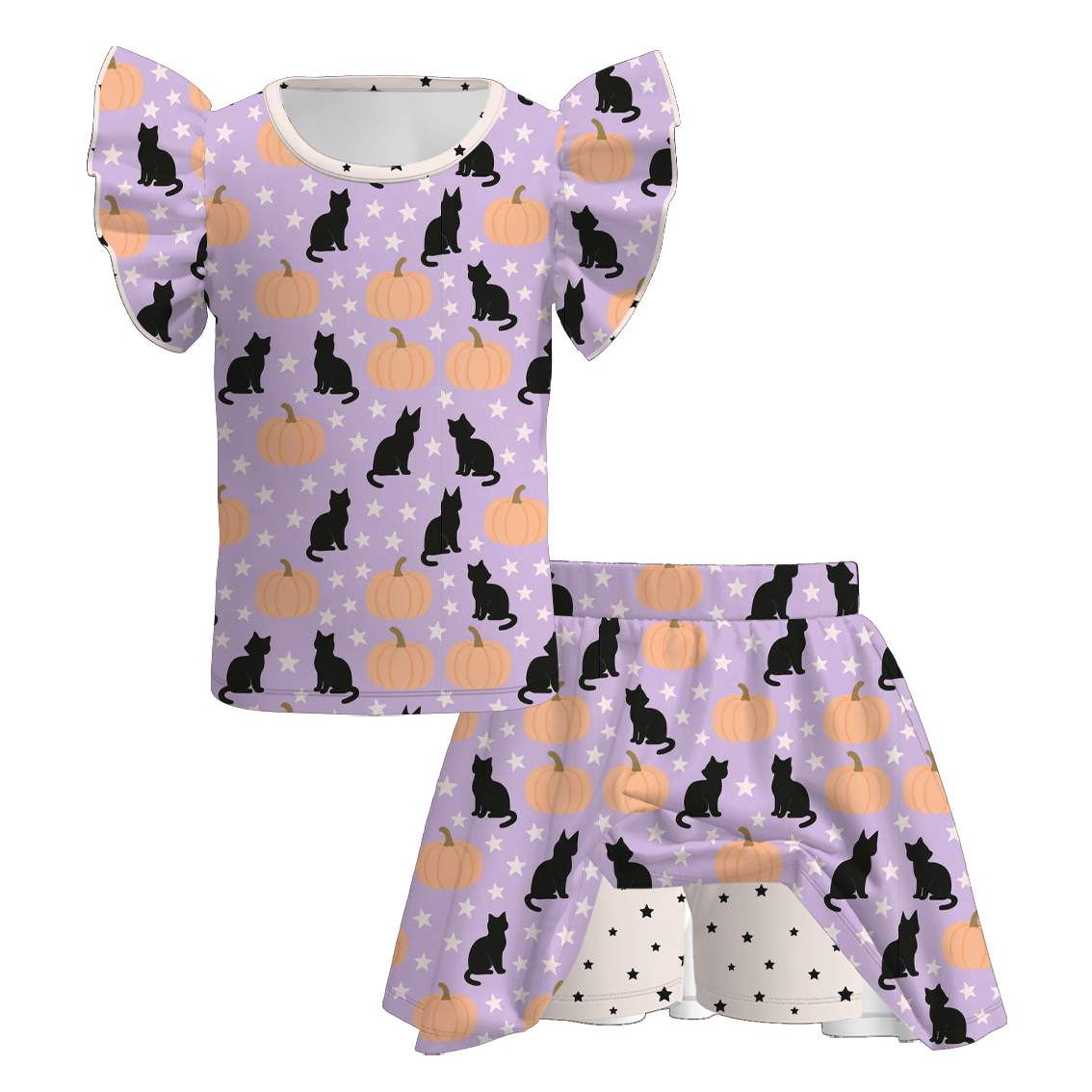 (Pre Order+Prepack Zone)Girls Halloween Pumpkin&Ghost Print Skort Set(Mix Size)