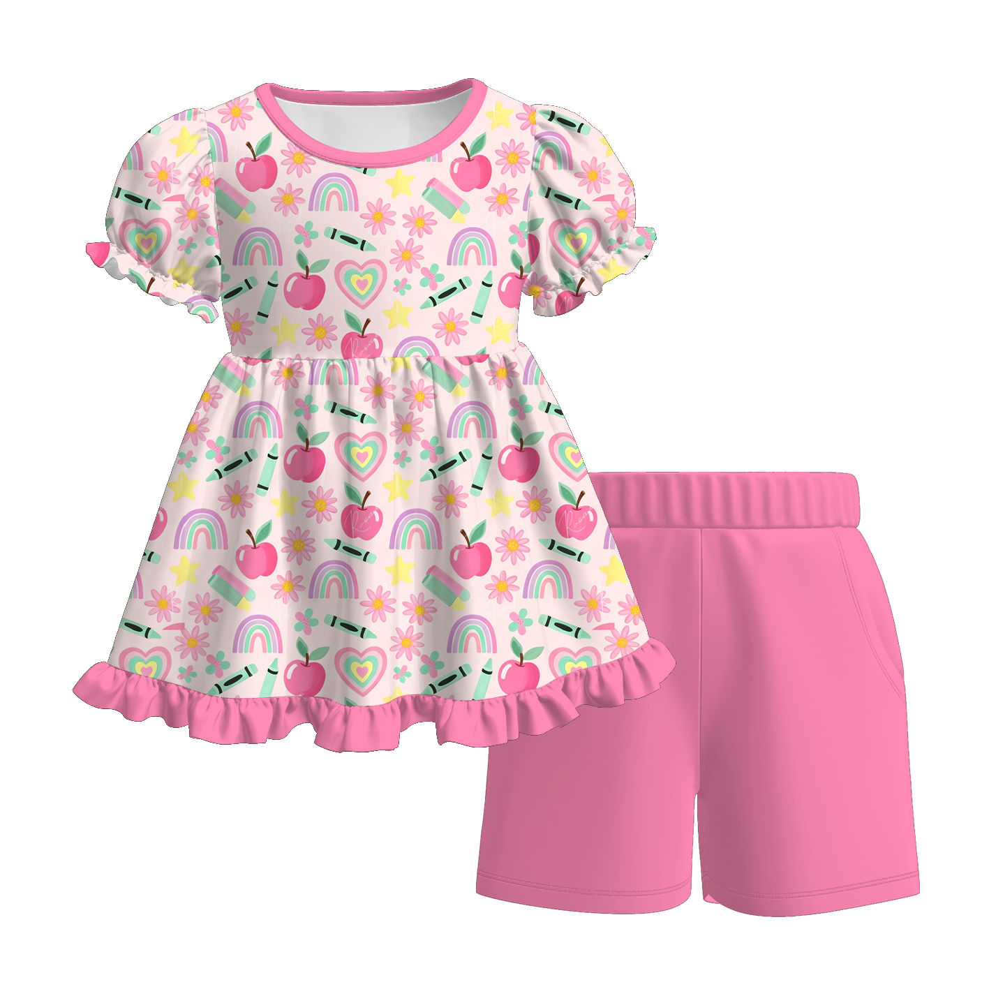 (Pre Order+Prepack Zone)Girls Summer Back To School Print Shorts Set