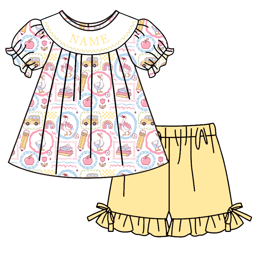 (Pre Order)Girls Summer Back To School Embroidery Smocked Dress&Set