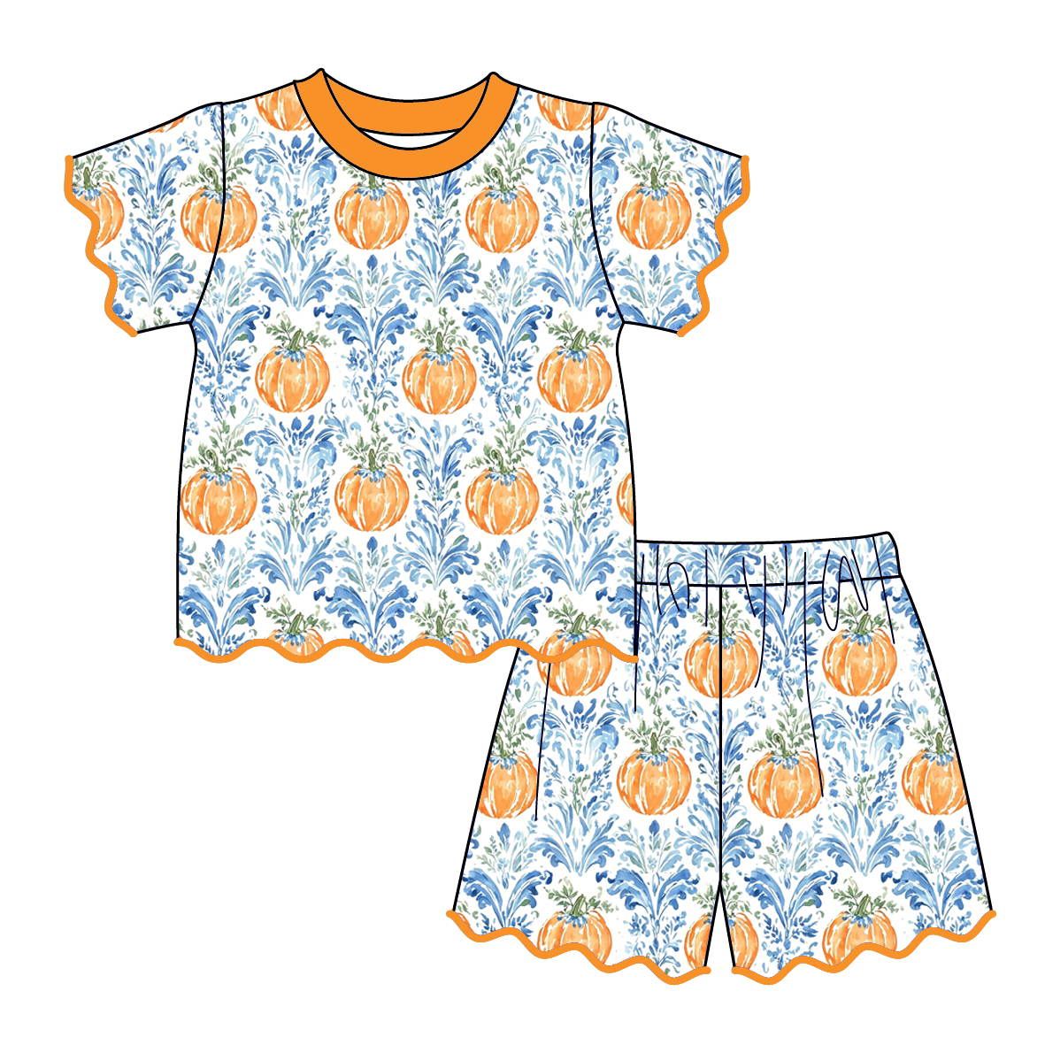 (Pre Order)Girls Fall Pumpkin Scallop Shorts Set