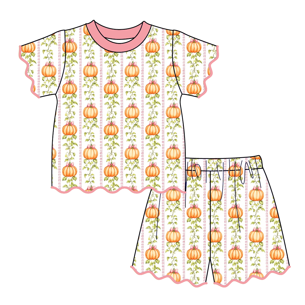 (Pre Order)Girls Fall Pumpkin Scallop Shorts Set