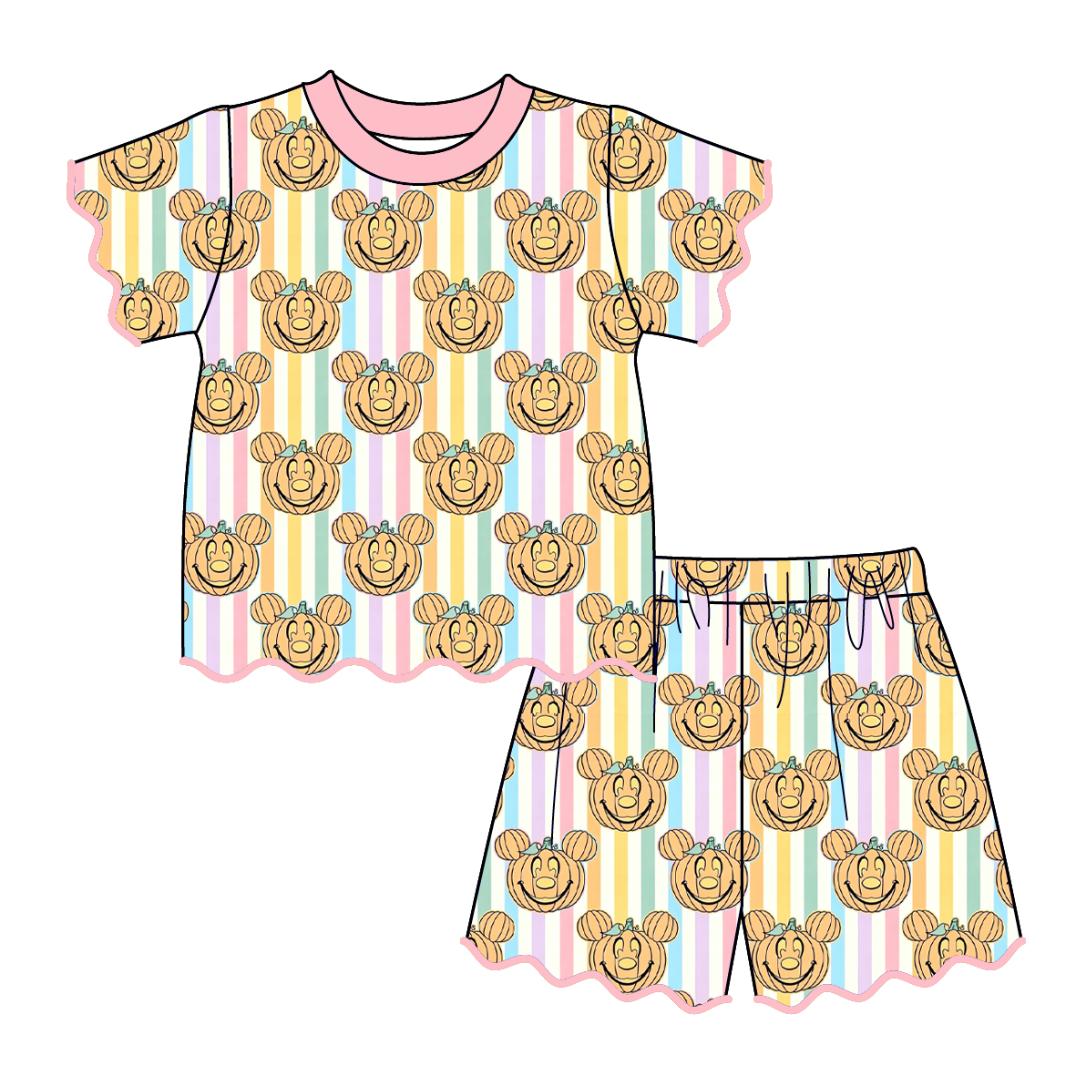 (Pre Order)Girls Halloween Scallop Shorts Set