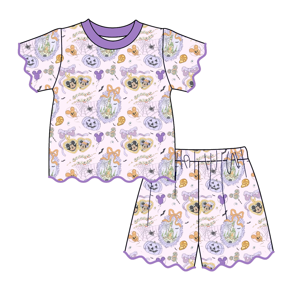 (Pre Order)Girls Halloween Scallop Shorts Set