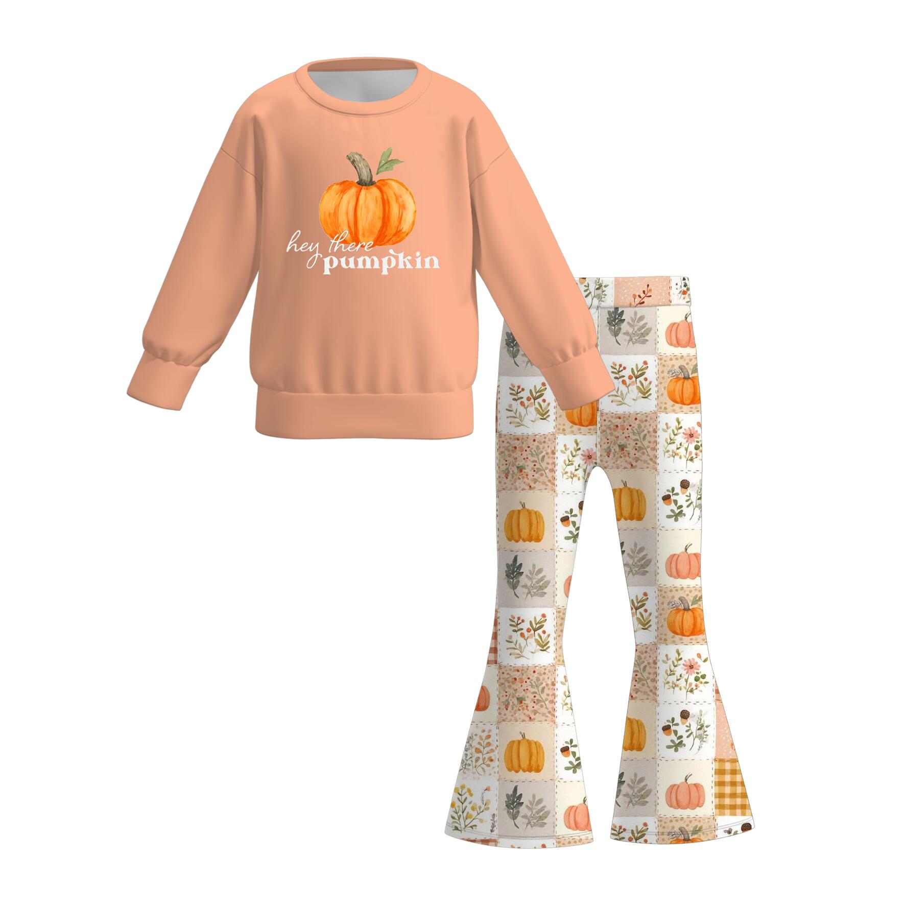 (Pre Order)Girls Fall Pumpkin Print Dress&Sweatshirt Set