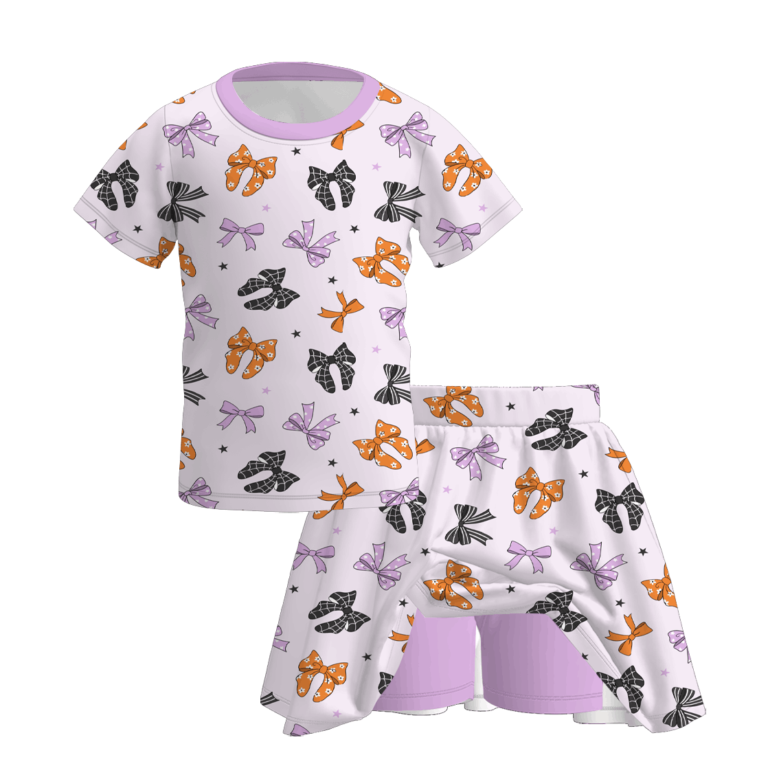 (Pre Order)Girls Halloween Bow Print Skort Dress&Set