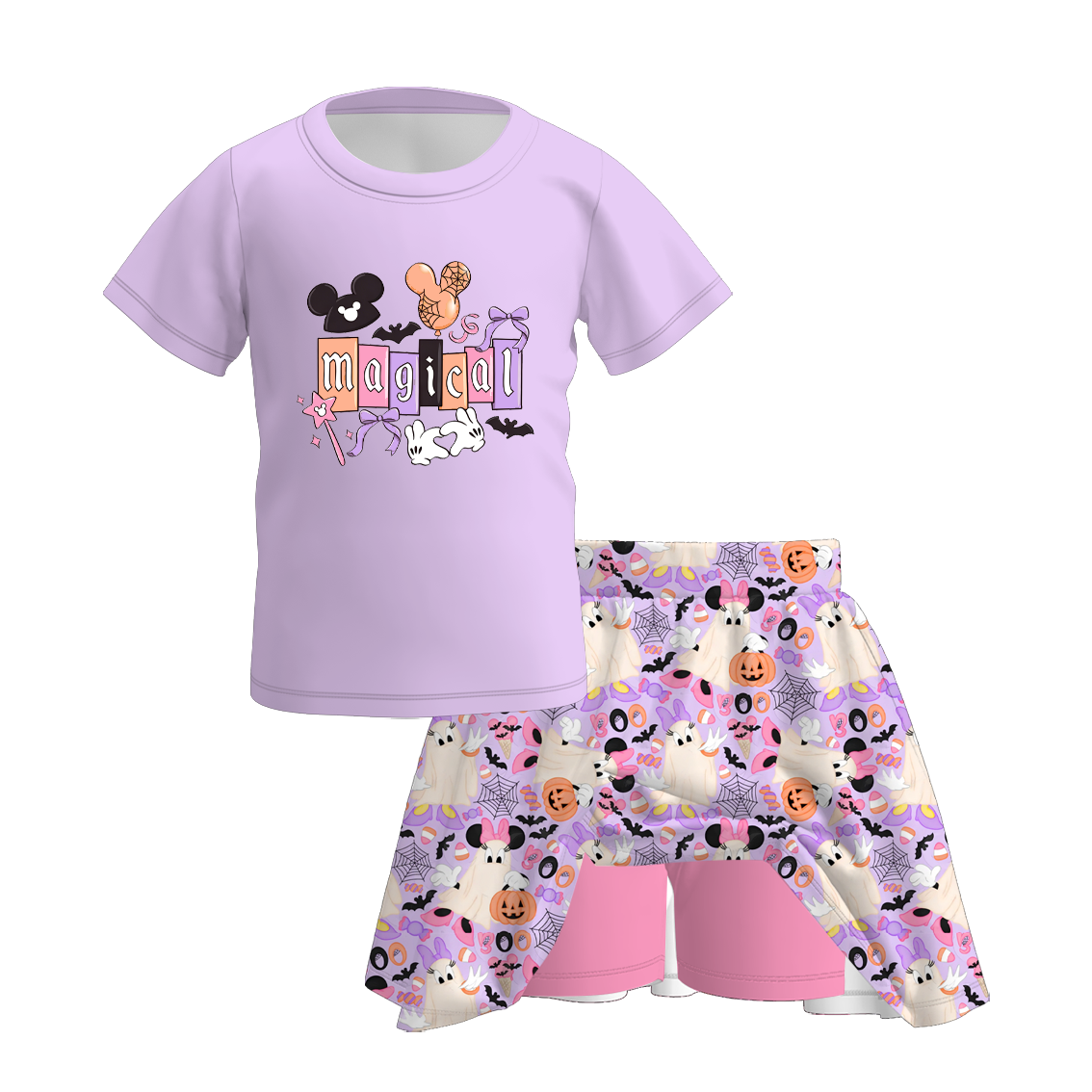 (Weekly Pre-Order)Girls Halloween Print Skort Dress&Set