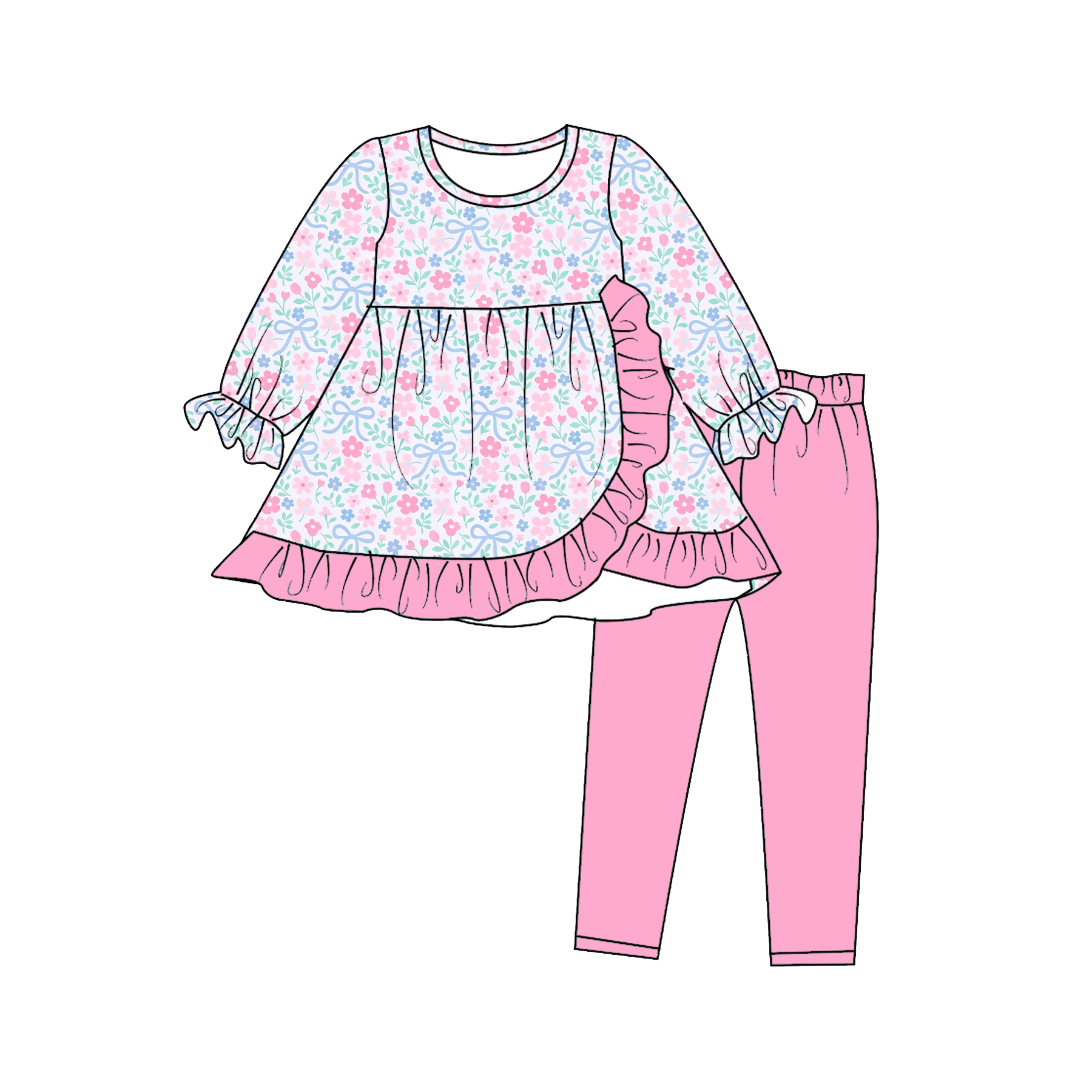 (Pre Order)Girls Fall Floral Print Dress&Outfit Set