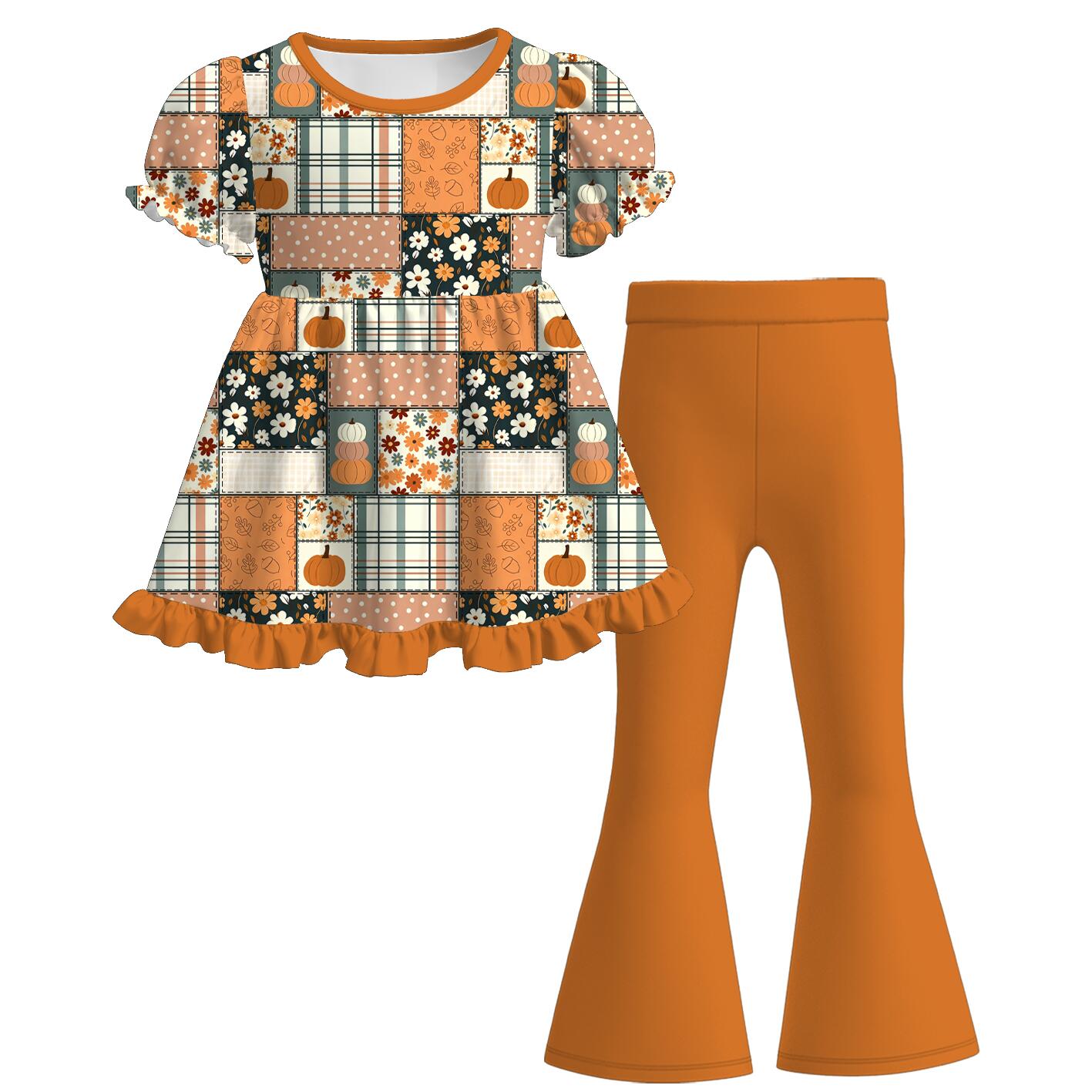 (Pre Order)Girls Fall Pumpkin Print Dress,Set&Jumpsuit