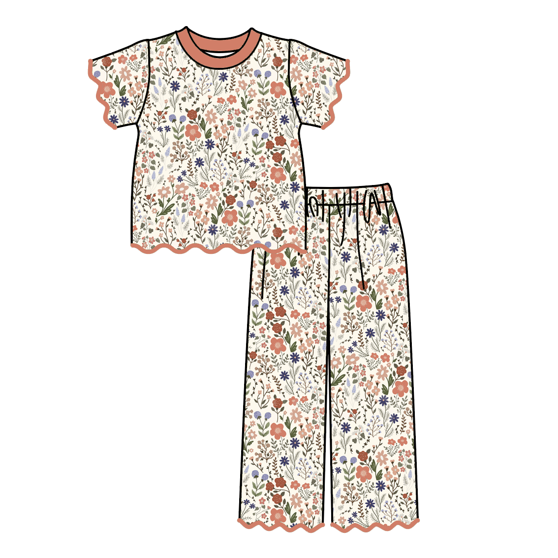 (Pre Order)Girls Fall Floral Embroidery Scallop Set