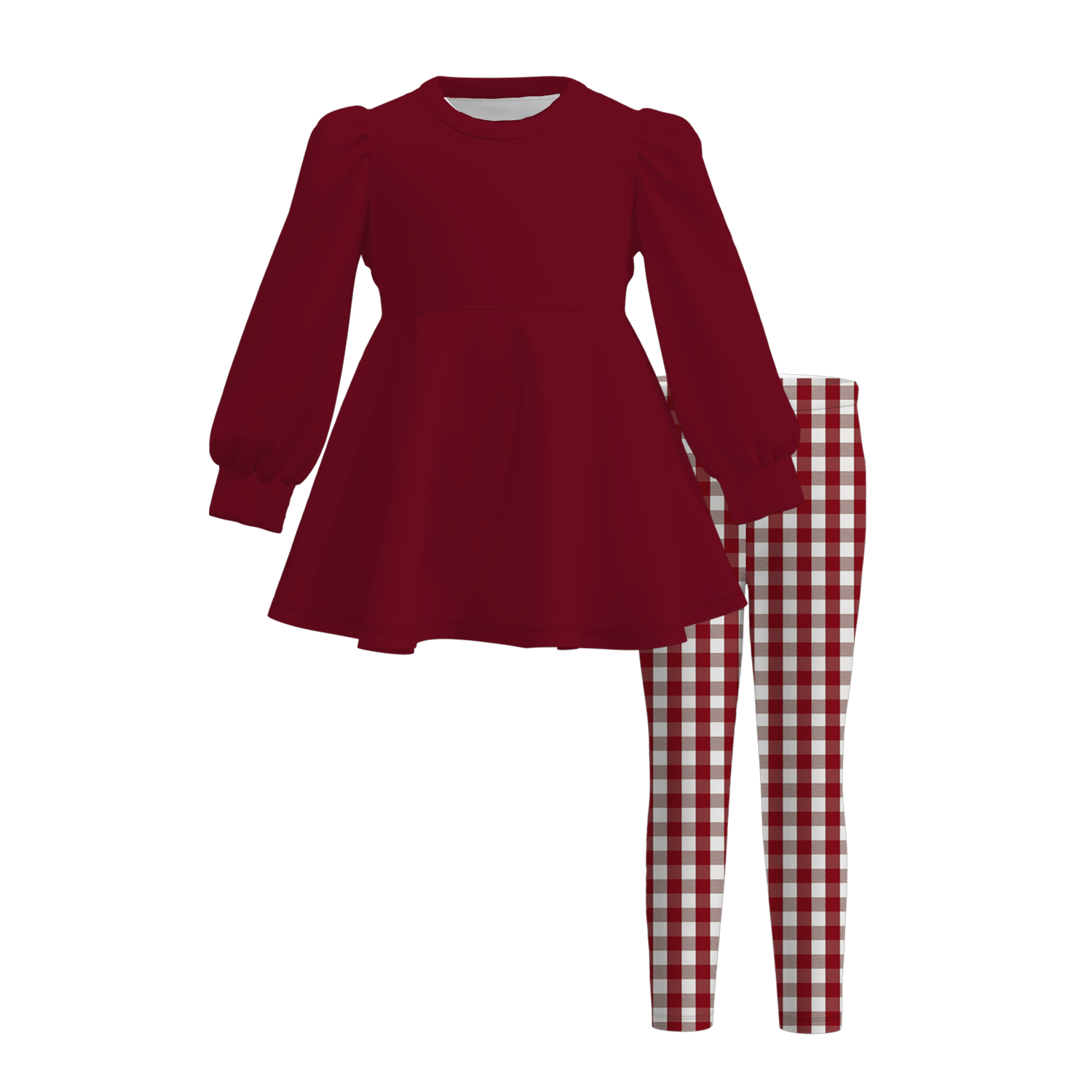 (Weekly Pre-Order)Girls Puff Sleeve Peplum Top Gingham Leggings Matching 2‑Piece Fall Outfit Set(Ends 9.6)