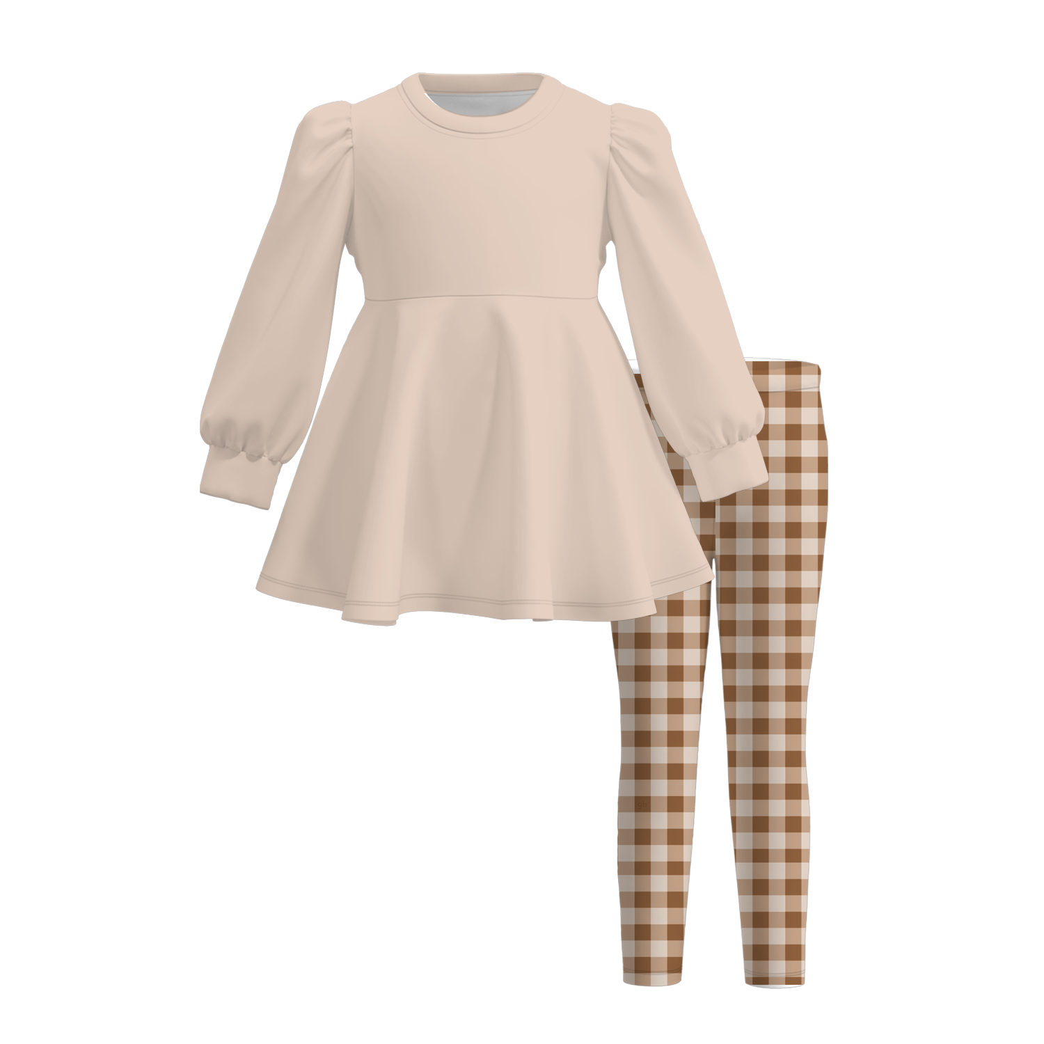(Weekly Pre-Order)Girls Puff Sleeve Peplum Top Gingham Leggings Matching 2‑Piece Fall Outfit Set(Ends 9.6)