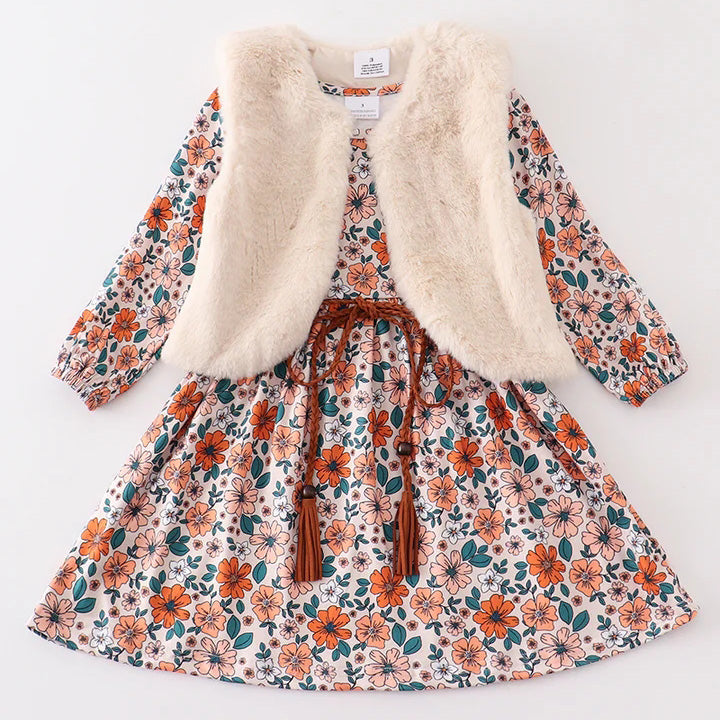 (In Stock E25-01-03)Girls Fall and Winter Floral Print Dress with Fleece Vest