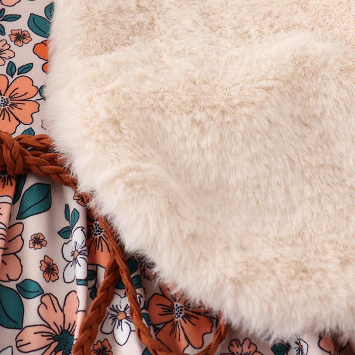 (In Stock E25-01-03)Girls Fall and Winter Floral Print Dress with Fleece Vest