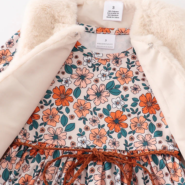 (In Stock E25-01-03)Girls Fall and Winter Floral Print Dress with Fleece Vest