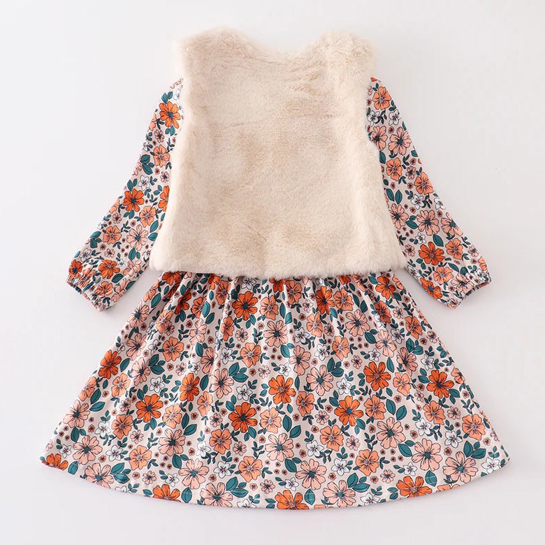(In Stock E25-01-03)Girls Fall and Winter Floral Print Dress with Fleece Vest