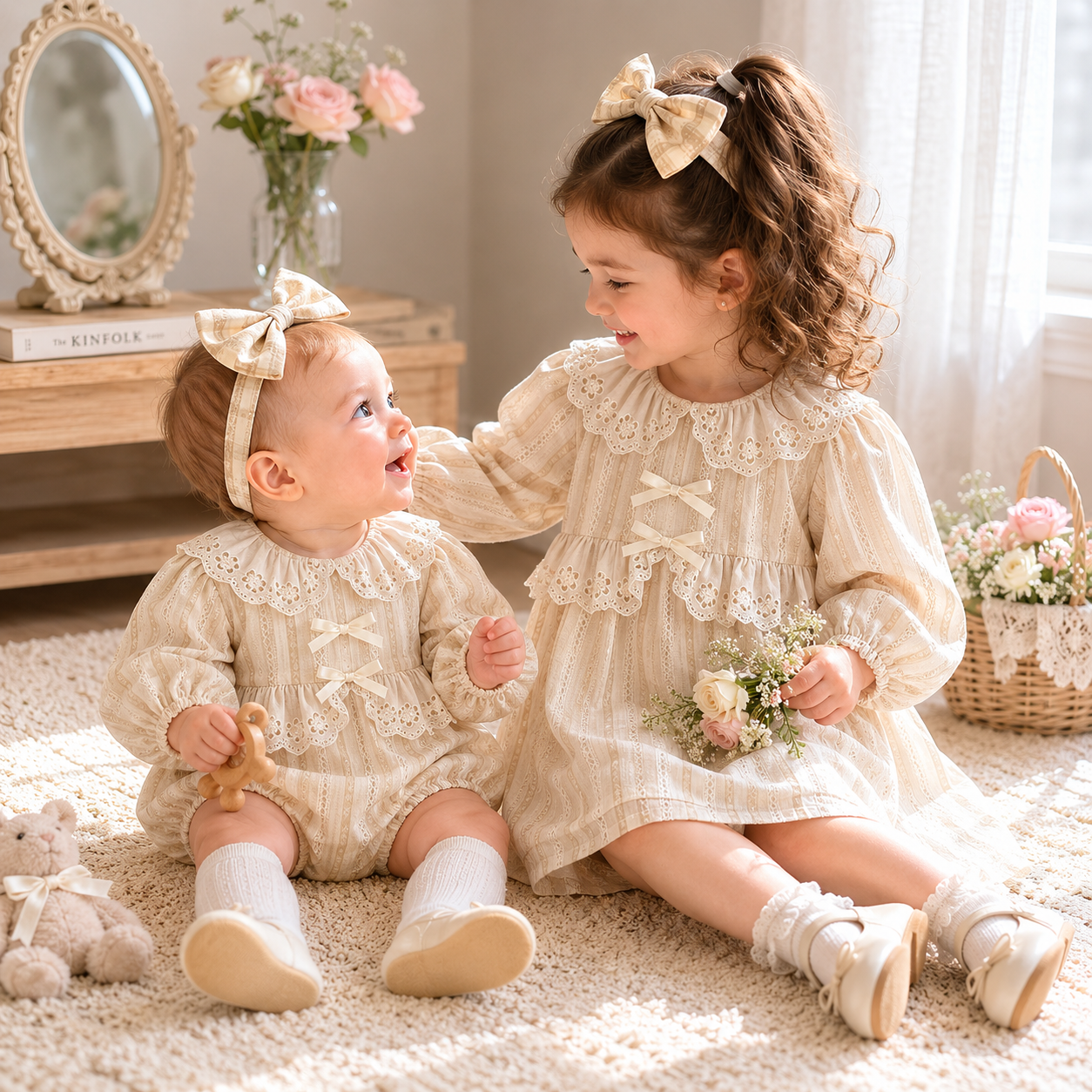 (In Production)Sisters Baby Lace Collar Ruffle Dress&Romper