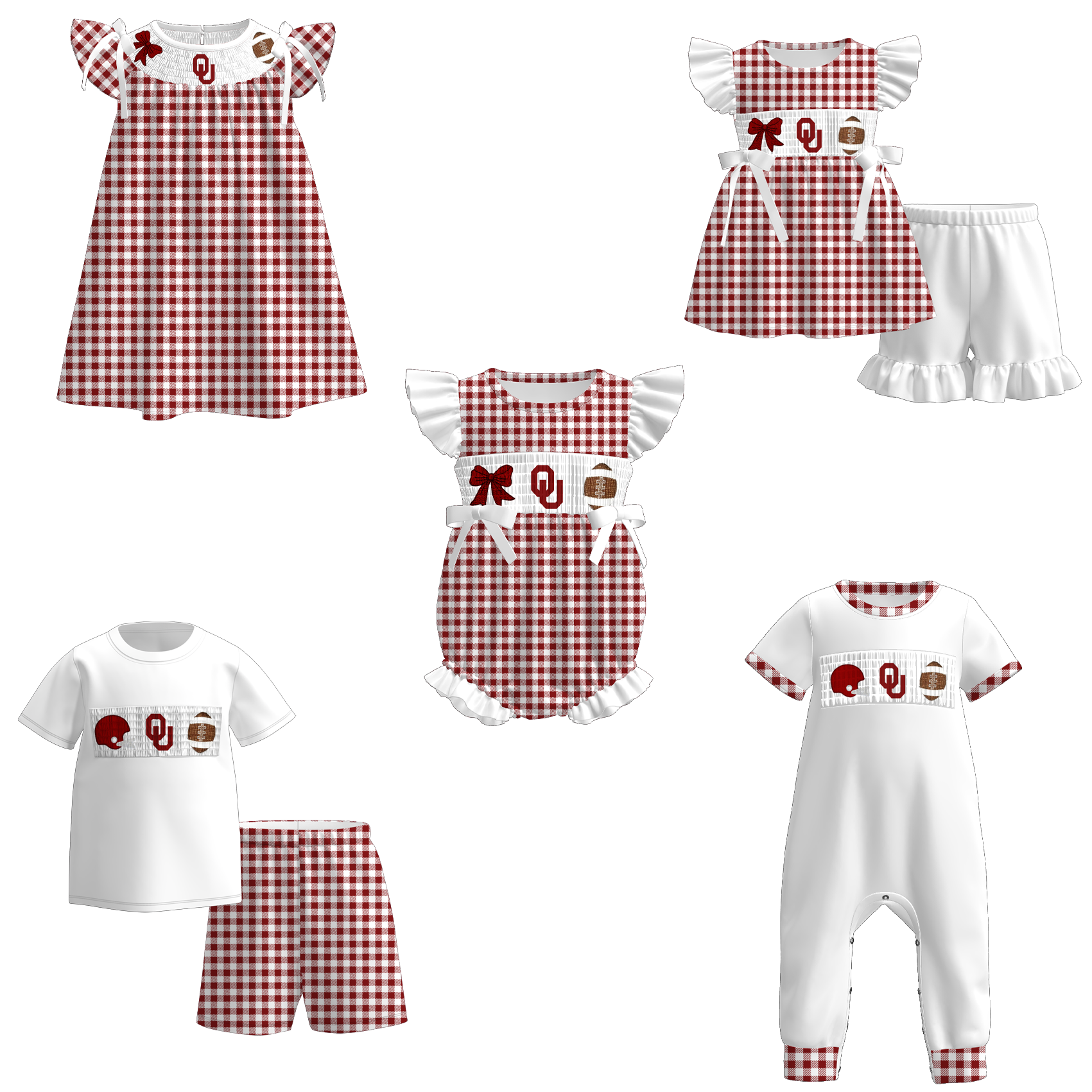 (Pre Order)Family Football Oklahoma Sooners Embroidery Smocked Dress,Set&Romper