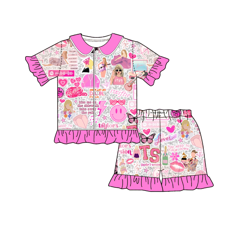 (Pre Order)Girls Summer TS Print Pajamas Ruffled Short Set