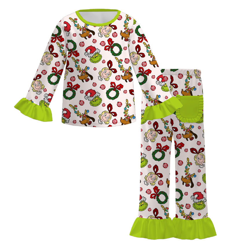 (Pre Order)Girls Christmas Cartoon Print Pajamas