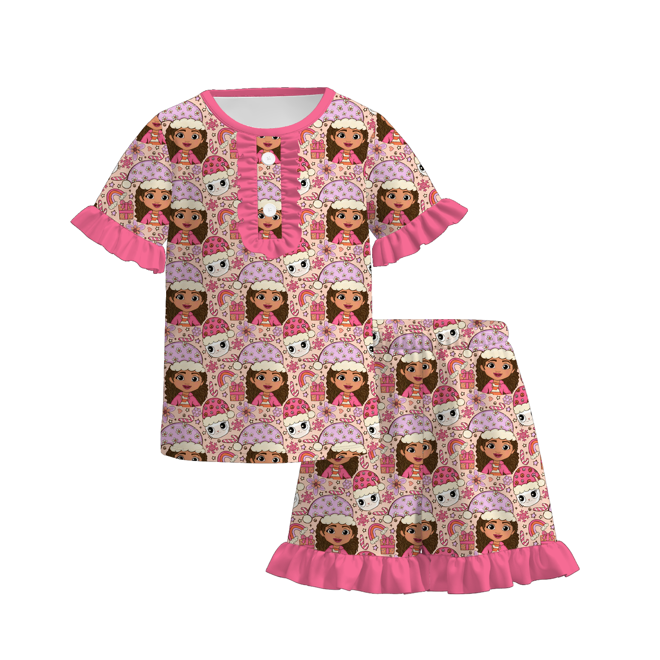 (Pre Order)Girls Christmas Cartoon Print Set&Jumpsuit