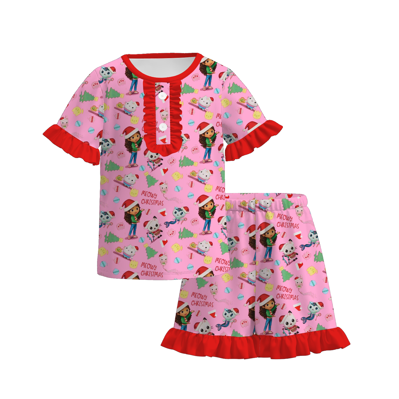 (Pre Order)Girls Christmas Cartoon Print Set&Jumpsuit