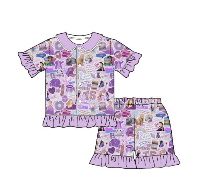 (Pre Order)Adult Summer TS Print Pajamas Ruffled Short Set