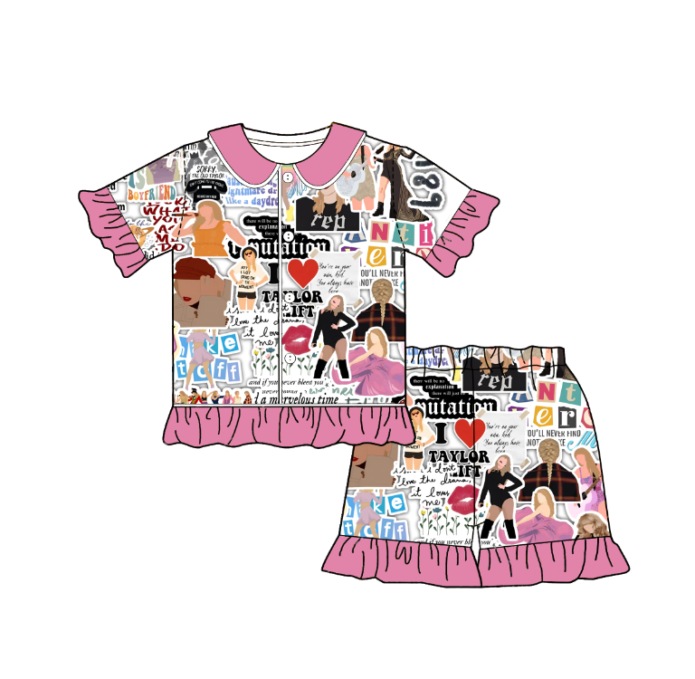 (Pre Order)Adult Summer TS Print Pajamas Ruffled Short Set