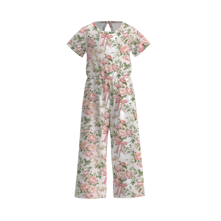 (Pre Order)Girls Spring and Summer Bow&Floral Print Jumpsuit