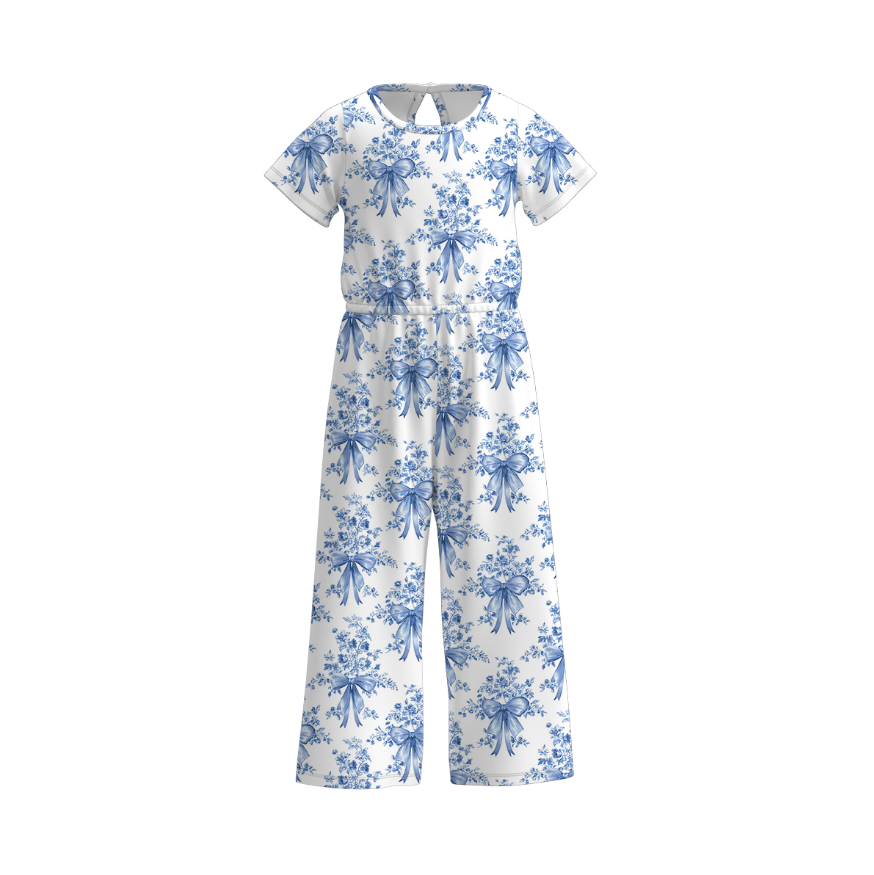 (Pre Order)Girls Spring and Summer Bow&Floral Print Jumpsuit