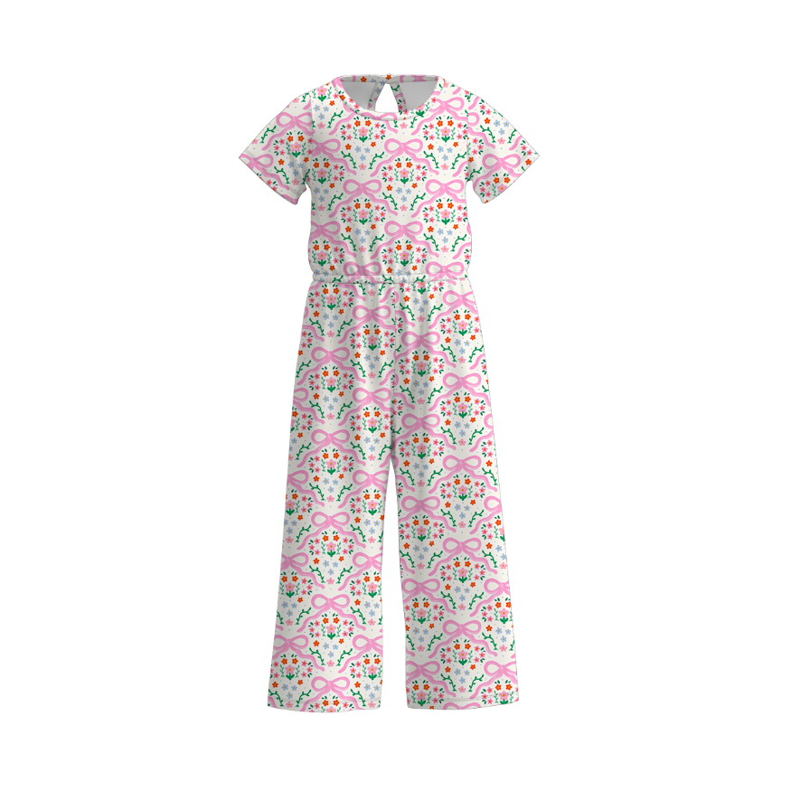 (Pre Order)Girls Spring and Summer Bow&Floral Print Jumpsuit