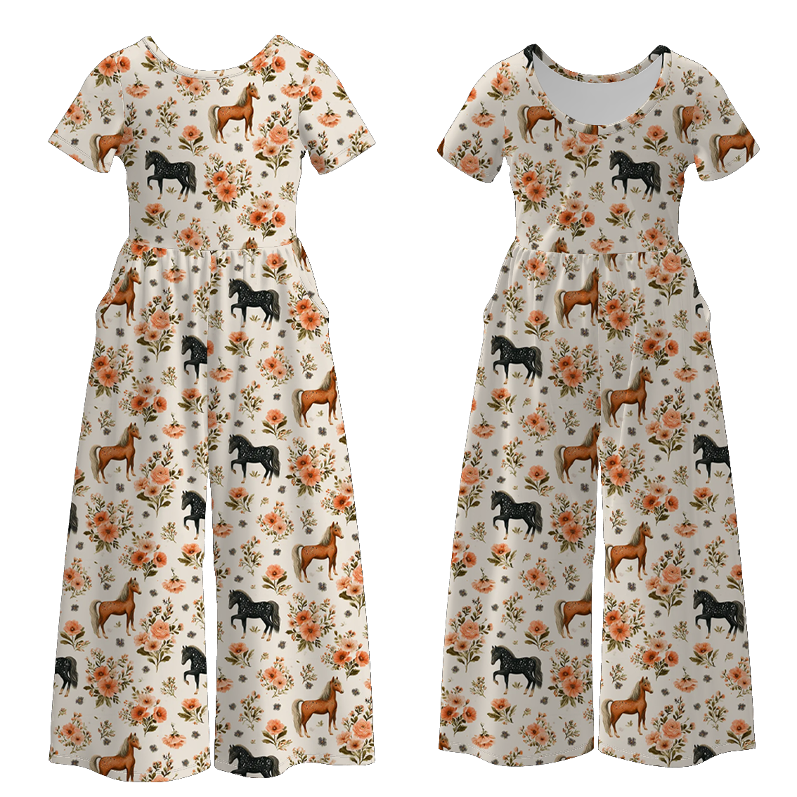 (Pre Order)Sisters Fall Horse Print Set,Jumpsuit&Romper
