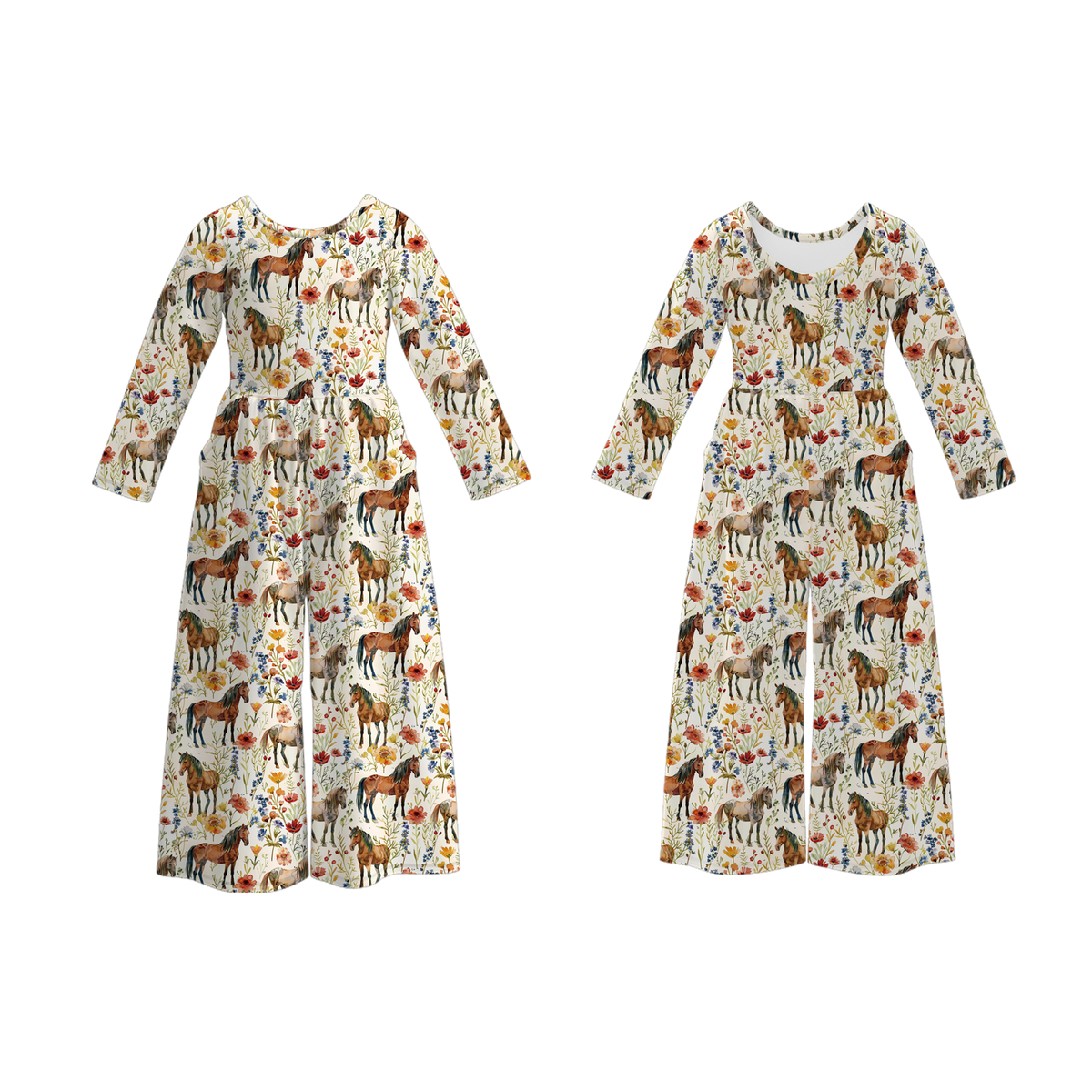 Front and back flat view of the brown horse and floral print jumpsuit with wide legs