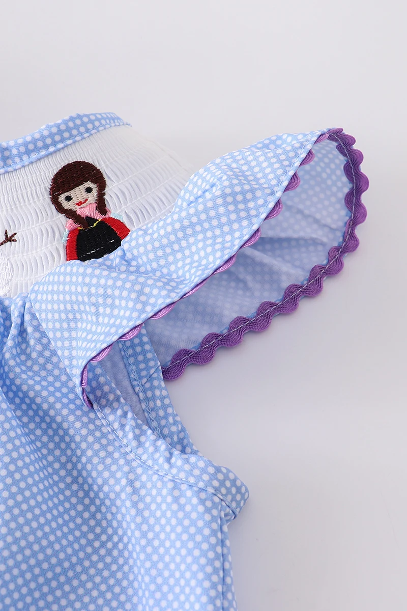 (In Stock G29-3-1)Frozen Embroidered Polka Dot Smocked Dress