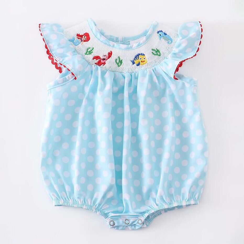 (In Stock G29-4-1)Girls Polka Dot Smocked Mermaid Embroidery Romper