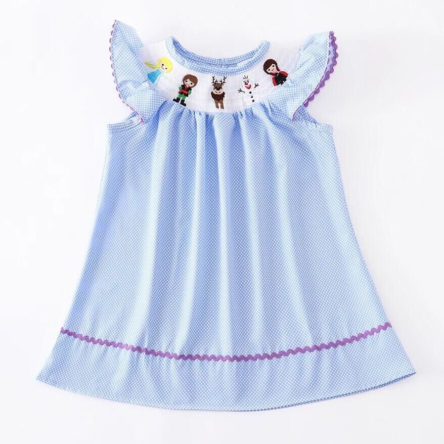 (In Stock G29-3-1)Frozen Embroidered Polka Dot Smocked Dress