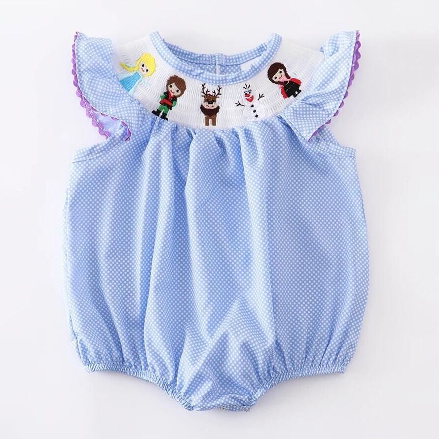 (In Stock L08-04-01)Frozen Embroidered Polka Dot Girls Smocked Romper