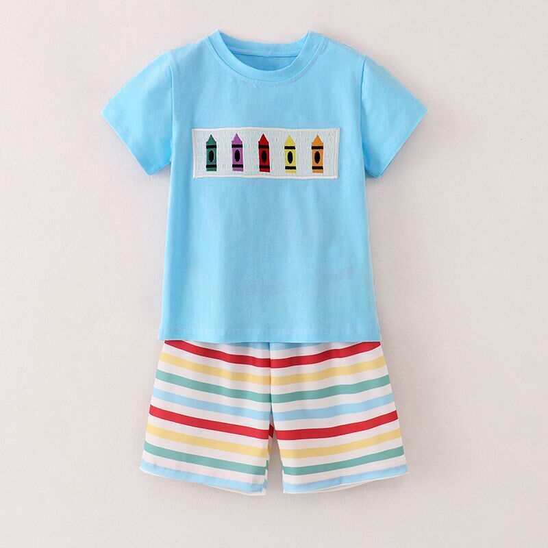 (In Stock)Boys Summer Back To School Embroidery Smocked Shorts Set