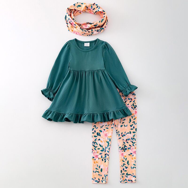 (In Stock L32-2-3)Girls 3 Pieces Fall Winter Top Floral Print Pants Scarf Set