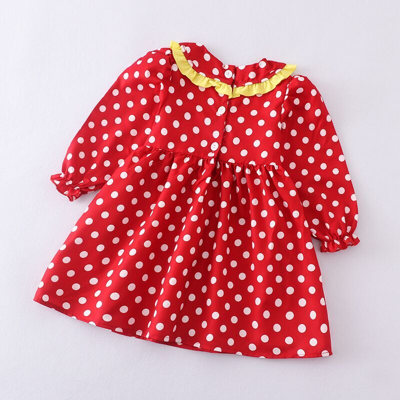 (In Stock Q09-02-02)Girls Red Polka Dot Print Smocked Dress