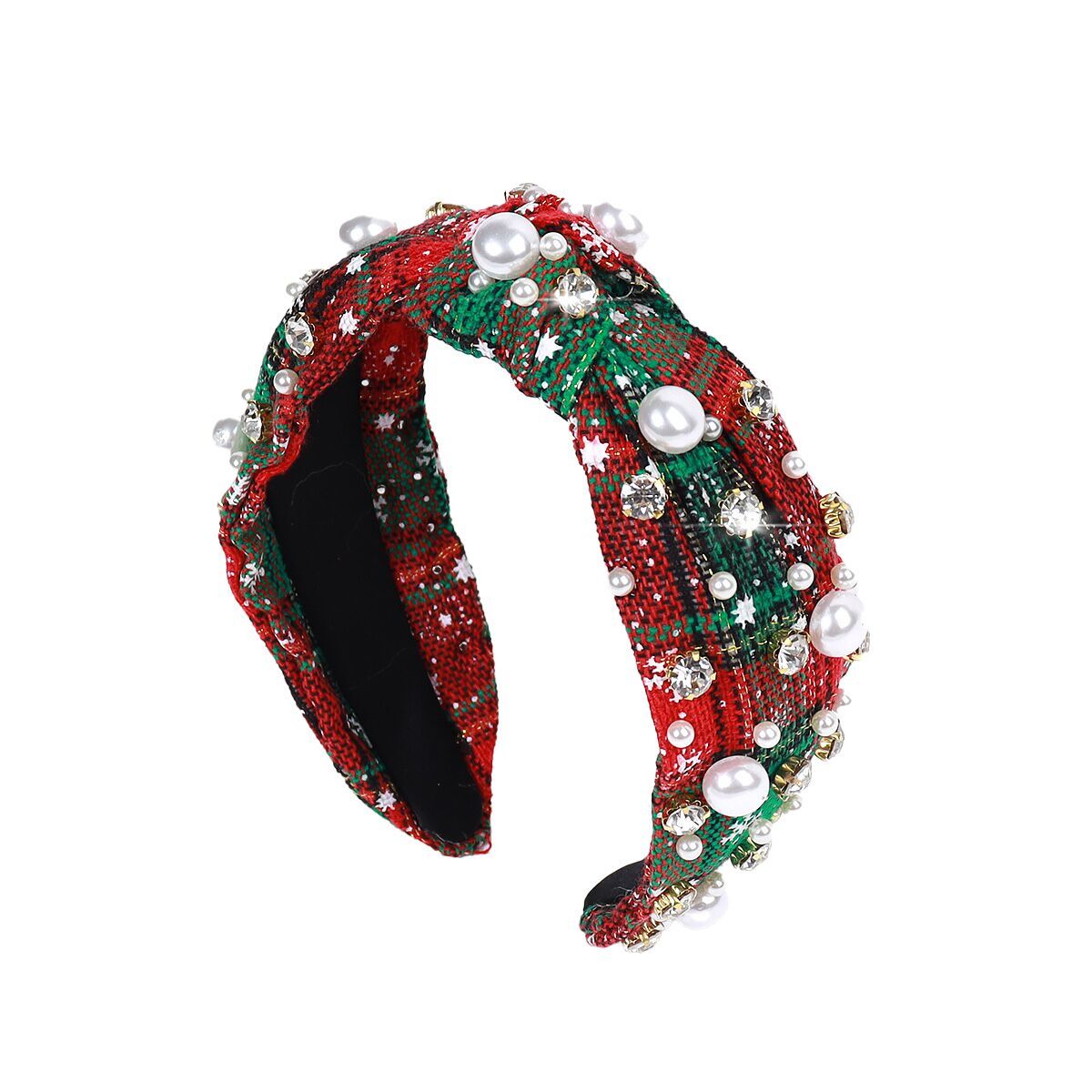 (Pre Order)Stylish Christmas Pearl Rhinestone Plaid Headband