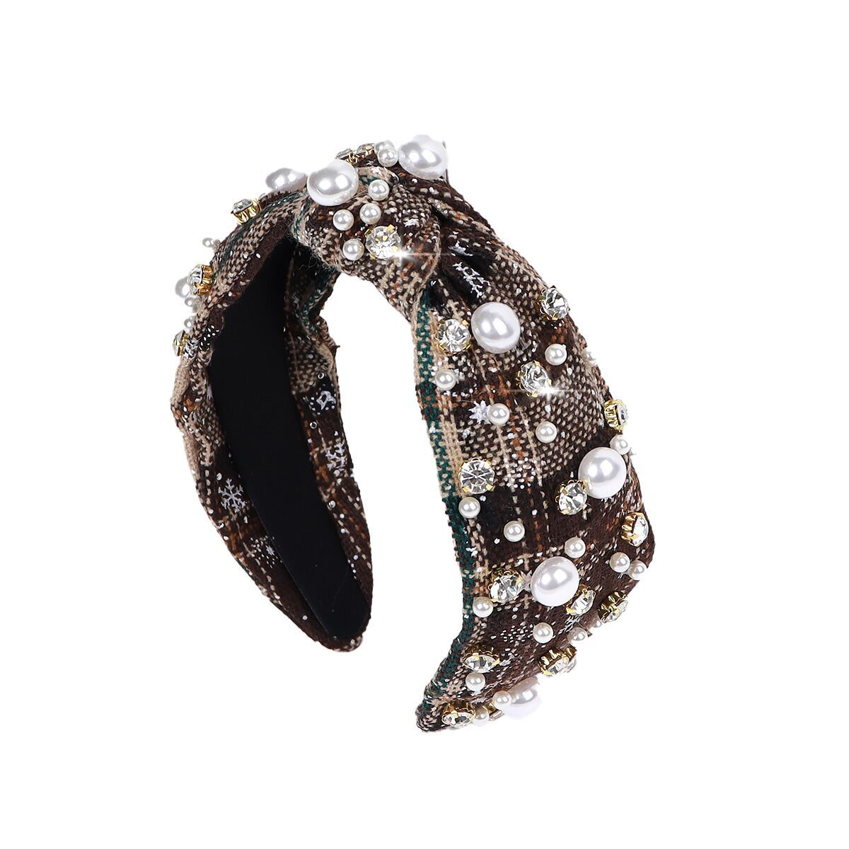 (Pre Order)Stylish Christmas Pearl Rhinestone Plaid Headband
