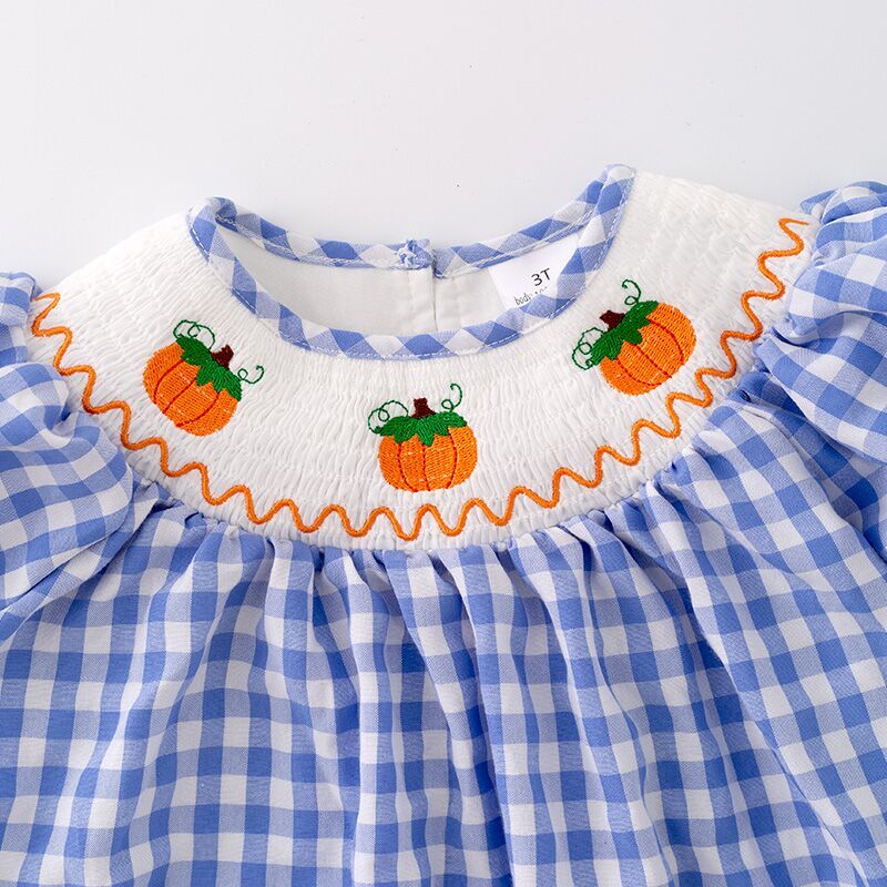 (In Stock G29-2-1)Girls Halloween Blue Plaid Embroidery Dress
