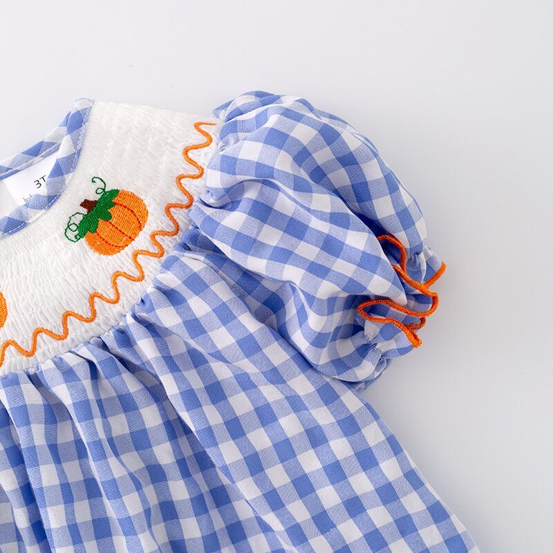 (In Stock G29-2-1)Girls Halloween Blue Plaid Embroidery Dress