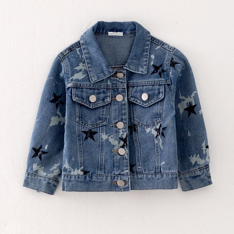 (In Stock E27-3-1)Girls Fall Star Print Blue Denim Jacket