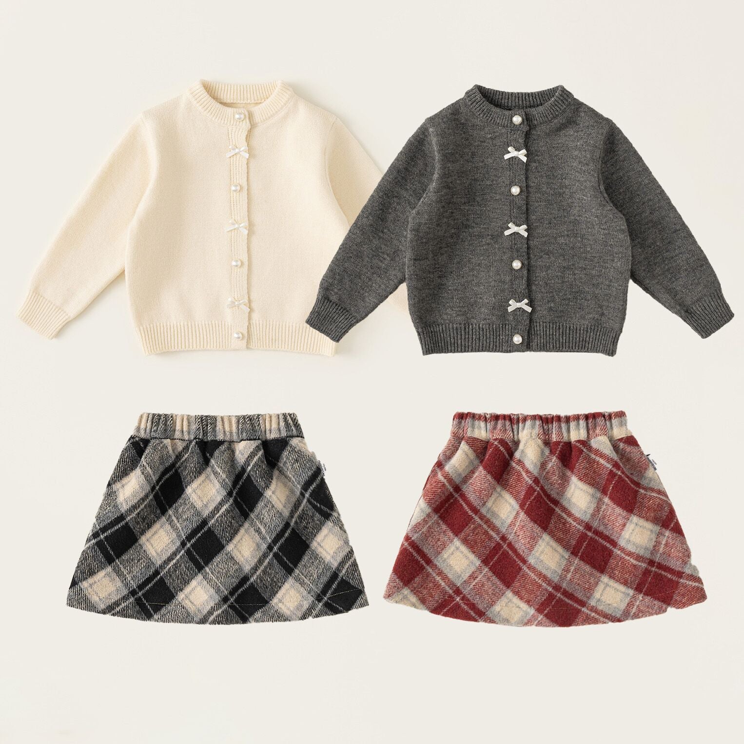 (Pre Order)Girls Bow Sweater Cardigan and Plaid Skirt